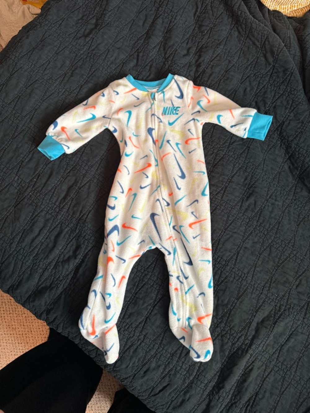 Nike White Footed Pajamas with Multicolor Swoosh Print and Aqua Trim